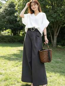 Women's 2-Piece Set: Top (T-Shirt) And Long Pants - Suit Pants, Summer Outfit, V-Neck Blouse, Battle Sleeves, Belted, Casual, Relaxed Fit, Simple, Figure-Flattering, Cute, Stylish, Suitable For Commuting, School, Adults, Office Ladies, Spring, Summer, Autumn - Grey - View 4