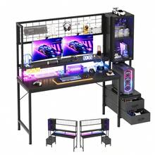 Devoko مكتب ألعاب RGB 140/120X50X75 سم، مكتب كمبيوتر مع مخرج طاقة ولوحة شبكية ومساحة تخزين - الأسود - مشاهدة 2