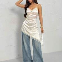 ghadjgyjad  PETITE Vestido corto de verano 2026 de mujer con tirantes finos, asimétrico, de unicolor con encaje de contraste, de estilo minimalista y de moda - Crema - Ver 5