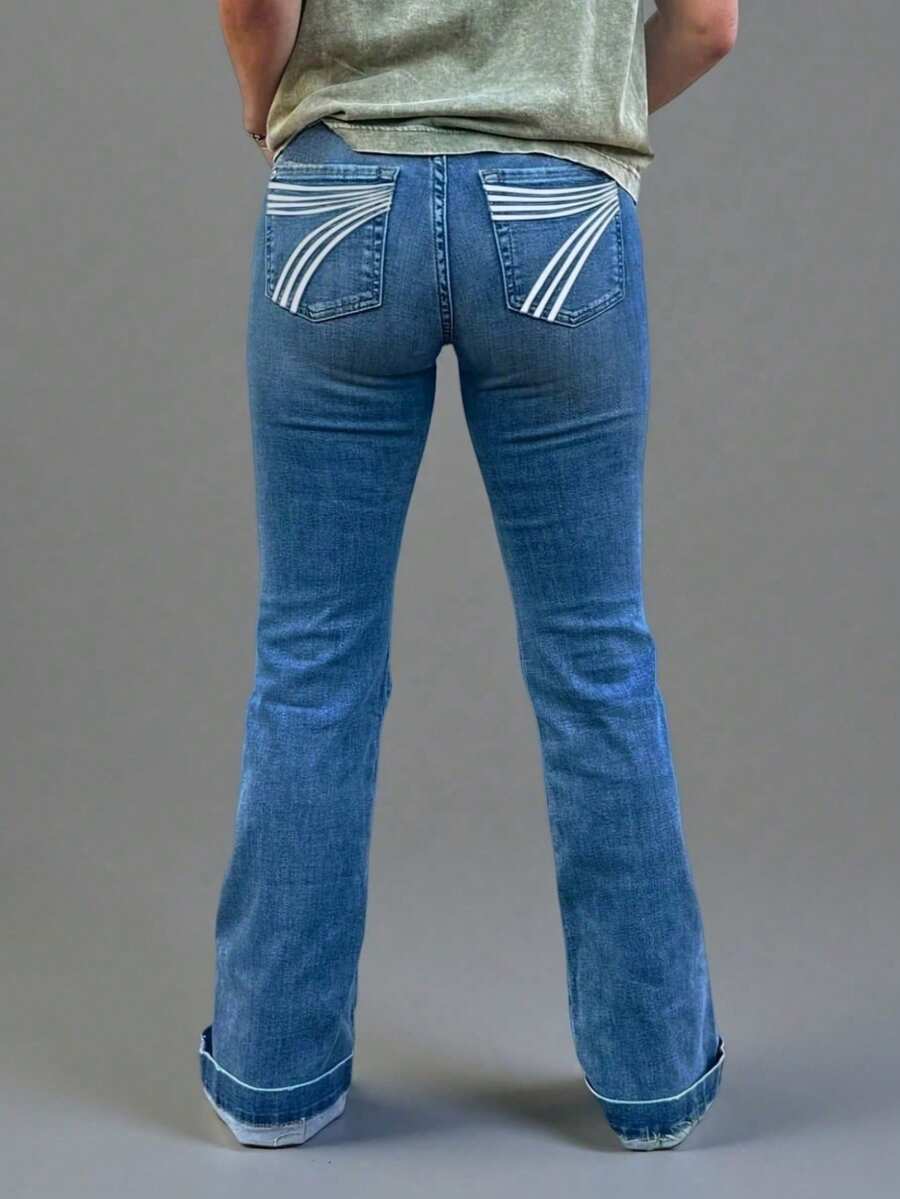 Jeans casuales de primavera con diseño bordado personalizado en el bolsillo trasero y corte acampanado con estiramiento - Bordado blanco - Ver 1