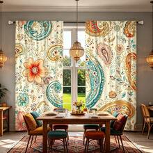 2PCS Bohemian Floral Themed Curtains With Paisley Pattern Design, Pole Pockets, Privacy Protection, Room Decoration Curtains, Living Room Curtains, Versatile Decorative Curtains, Machine Washable, Suitable For All Seasons,Excluding Straps - Multicolor - View 8