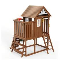 Outdoor Wooden Playhouse, Modern Cedar Playhouse For Age 2-8 Years Kids, Garden Games Cottage, Country Style Cedar Playhouse With Slide, Ladder, Climbing Wall, Windows, Picnic Table And Bench - Age 2-8 Years - 查看 8