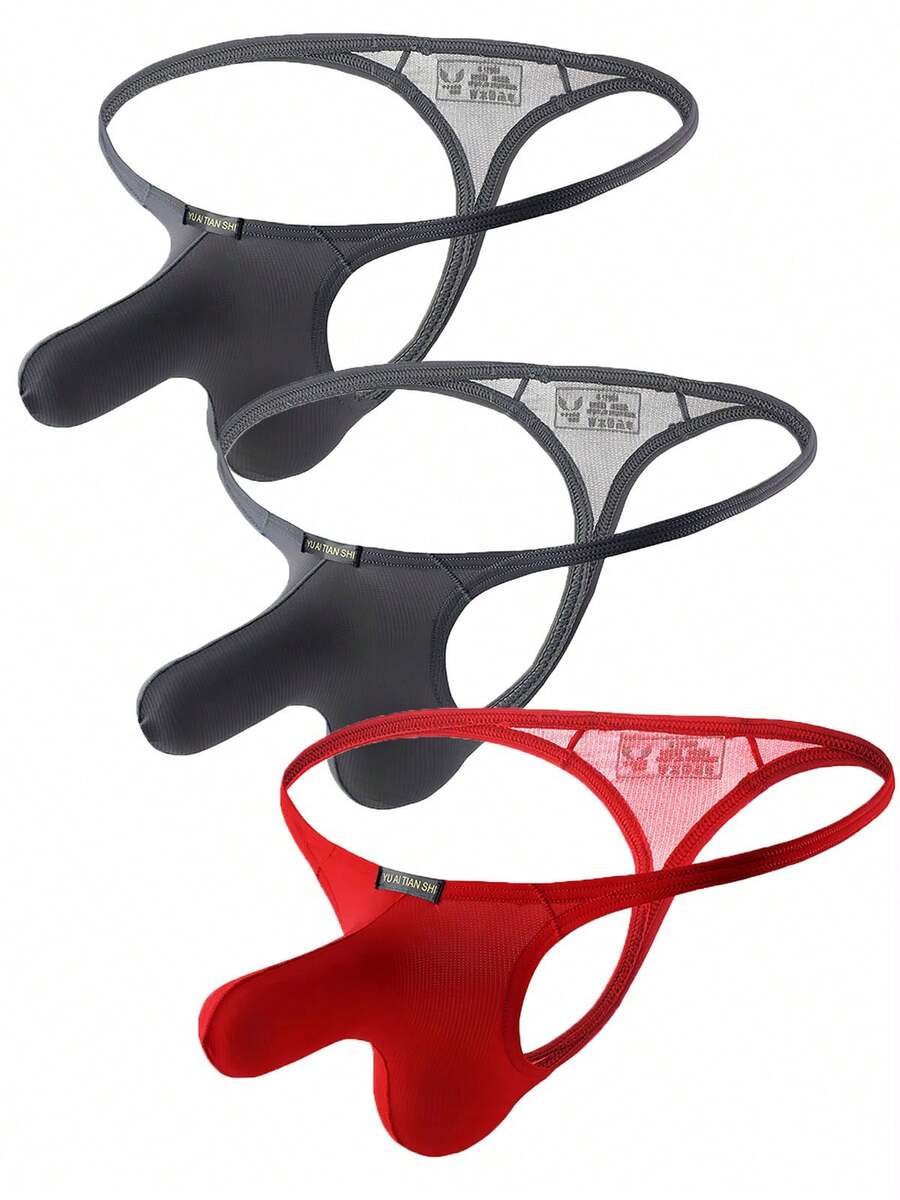 3-Pack Men's Big Pouch G-String Sexy Breathable Y-Back Thong Underwear Low Rise Sexy Thong Underwear Bulge Pouch Lingerie - 2灰色+1紅色 - 查看 1