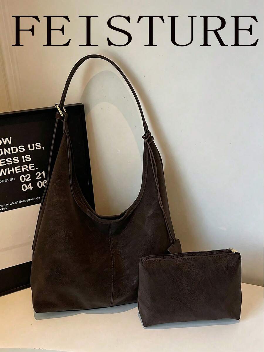 1pc FEISTURE Large Capacity Solid Color PU Shoulder Bag, Fashion Mother-Shoulder Bag (With Small Bag), Suitable For Daily Outing, Dating, Commuting