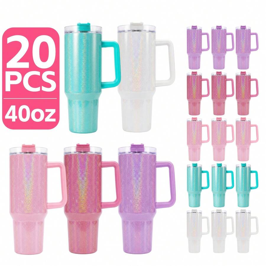 AGH 20Pcs 40oz Sublimation 304 Stainless Steel Tumbler With Shimmer Glitter Mix 5 Colors, 40oz Insulated Tumbler Blanks Coffee Mug For Travel Sports And Outdoor Activities - Mix 5 colors shimmer - 查看 1