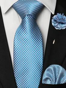 Men's Light Blue And White Honeycomb Polka Dot Jacquard Tie, Pocket Square, Silver Tie Clip, Cufflinks And Lapel Pin Combination Set, Suitable For Daily, Business, Wedding, Workplace, Graduation Season And Other Occasions, Perfect As Men's Birthday, Father's Day, Thanksgiving, Christmas Gifts - Light Blue - View 5