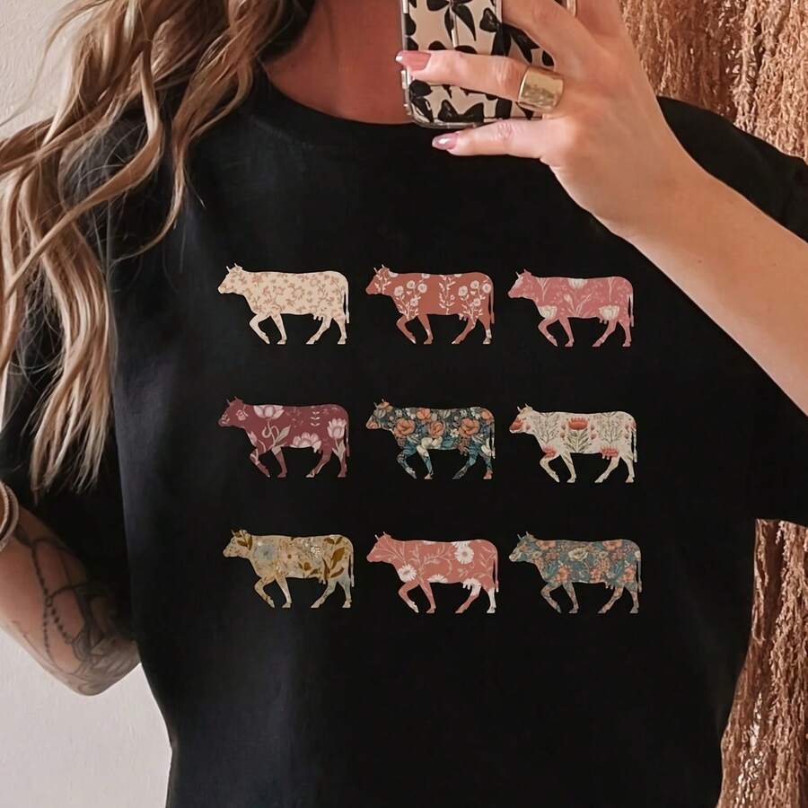 Boho Floral Cow T-Shirt Country Girl Tee - 黑色 - 查看 1