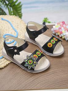 1 par de sandalias planas casuales de verano para niña bebé, para salir y escuela, con punta abierta, suela blanda, cierre de gancho y bucle, diseño de girasol con lindos strass, cómodas - Negro - Ver 2