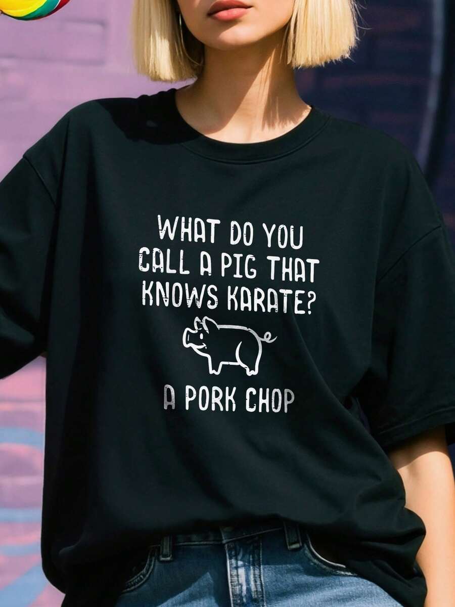 100% Pure Cotton Oversize Printed T-Shirt For Women, Short Sleeve. Pig Knows Karate Pork Chop Funny Hog Joke Men Women Kids T-Shirt. Spring & Summer Daily Wear, Breathable. - 黑色 - 查看 1