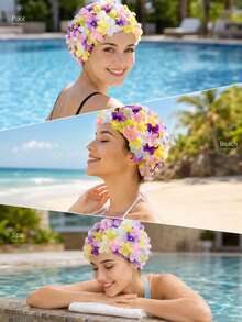 1PC Double-Layered Floral Swimming Cap,Lightweight And Stretchable,Ideal For Short & Medium Hair,Pool, Beach,Vacation, Water Sports,Hair Protection From Chlorine & Sun,Fashionable Swimwear Accessory,Poolside & Beach Essentials - Multicolor - View 5