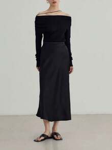 New Arrival Satin Midi Skirt, High Waist, Flowy Fit, All-Day Comfort - 黑色 - 查看 2
