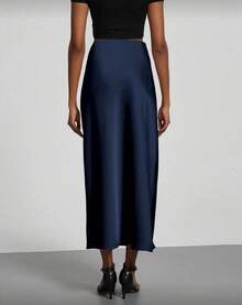 New Arrival Satin Midi Skirt, High Waist, Flowy Fit, All-Day Comfort - 藏蓝色 - 查看 3