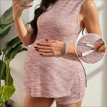 WNS  Conjunto de camiseta y pantalones cortos de mujer embarazada de estilo casual con cuadros de tweed y abertura lateral, adecuado para vacaciones, ocio de moda y otras ocasiones - Rosa - Ver 1