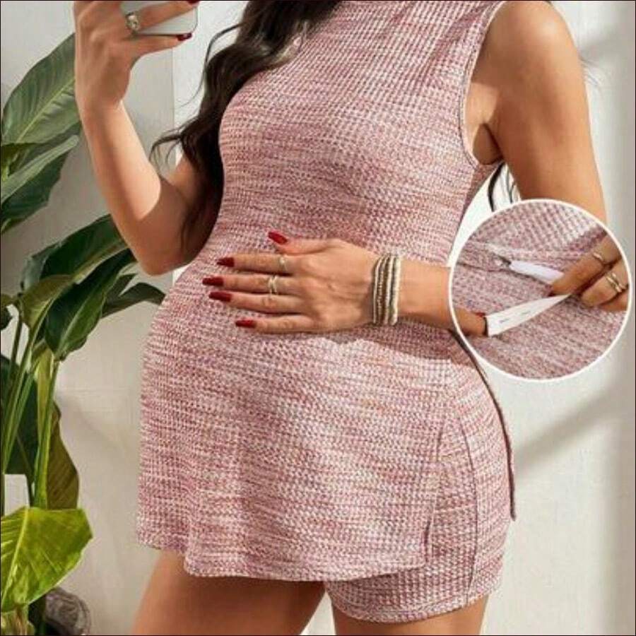 WNS Conjunto de camiseta y pantalones cortos de mujer embarazada de estilo casual con cuadros de tweed y abertura lateral, adecuado para vacaciones, ocio de moda y otras ocasiones - Rosa - Ver 1