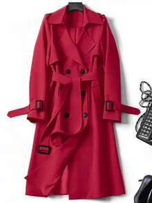 Women's Versatile Elegant Autumn/Winter Trench Coat, Elegant Commuter Casual Coat, New Year Outfit Red - Red - View 9