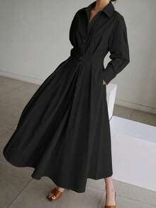 Vestido Camisero Minimalista con Cintura Ceñida, con Diseño de Cuello y Pechera Simple, Mangas 3/4 y Falda Midi en Forma de A. Elegante y Chic sin Esfuerzo para el Trabajo, Negocios Ligeros y Uso Diario. Negro Elegante - Negro - Ver 3