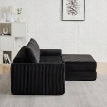 2-In-1 Corduroy Sofa Bed Cord-Zwei-In-Eins, With Two Pillows, Elegant Curved Armrests, Removable Footrest And Modular Arrangement. - 黑色 - 查看 9