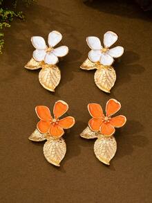 1 pieza Pendientes de botón con diseño único y elegante de flor y hoja con gota de aceite, adecuados para el uso diario de las mujeres, citas, vacaciones, fiestas, el mejor regalo para amigos - Naranja - Ver 2