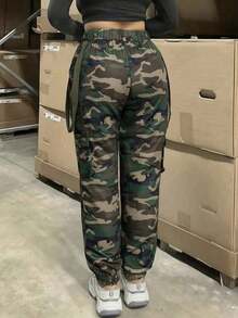 Women's Camouflage High Waist Cargo Pants, Multi-Pocket Wide Leg Trousers, Streetwear & Y2K Daily Outfits - Xanh quân đội 2234 - Xem 6