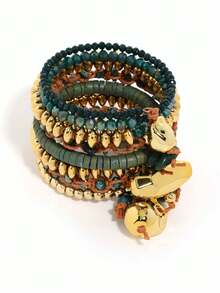 1 Peça Pulseira de Mola Multicamadas com Pingente Assimétrico de Corda Trançada com Contas de Pedra Natural Falsa, Estilo Luxo Vintage de Férias, Adequada para Uso Diário Feminino / Look Vintage / Férias na Praia - S-715 - Visão 6