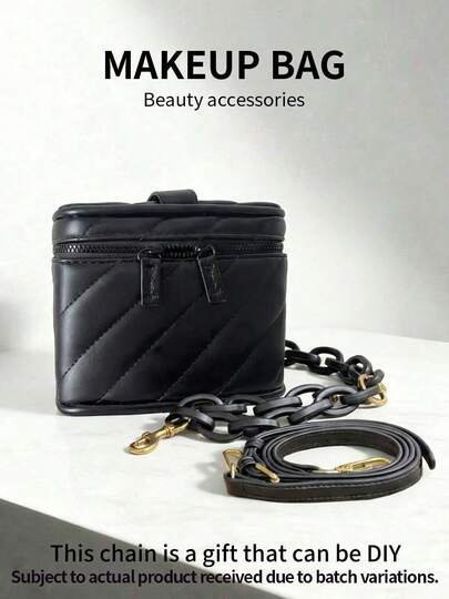 Yves Saint Laurent 黑色斜紋紋理皮革方形化妝包，內置鏡子，雙拉鍊大容量收納盒，附DIY粗鏈條肩帶，斜背與手提二合一，通勤旅行奢華女款化妝禮品