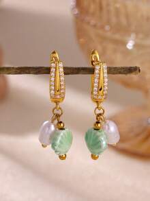 1 Pair Fashion Green Natural Stone Shell Earrings For Women Cubic Zirconia Hoop Earrings Hip Hop Party Jewelry Gifts - Multicolor 1 - View 3