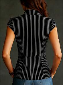 Women's Fashion Daily Commute Casual Fine Striped Short Sleeve Blouse, Commute Street Workplace Elegant Shirt, Suitable For Office Summer - Black and White Lines - View 2