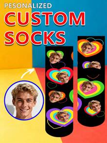 1 par de calcetines personalizados (calcetines personalizados con cara), calcetines de verano, calcetines con patrón de corazón & arcoíris, calcetines personalizados con foto, calcetines personalizados impresos, estilo lindo - Multicolor - Ver 9