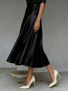 Rok Elegan, Desain A-Line Berpinggang Tinggi yang Lembut dan Mengalir, Modis untuk Musim Panas, Warna Hitam - Hitam - View 6