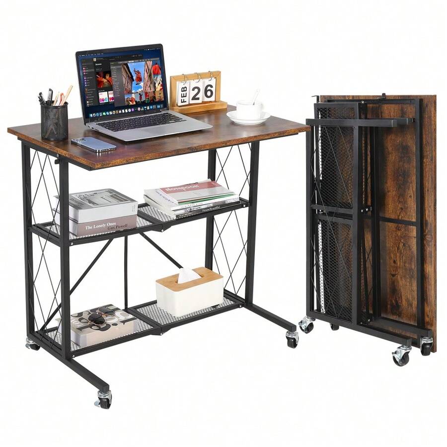 Dreistufiger, klappbarer Schreibtisch mit Rollen, 80 cm breites Regal, freistehendes Drahtregal, Organizer-Regal ohne Montage für Arbeitszimmer, Küche, Wohnzimmer, Balkon - A - Übersicht 1