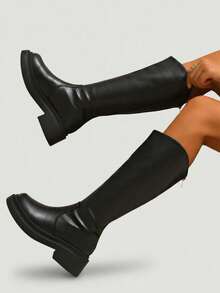 Women's V-Cut Thigh High Boots, Spring Autumn 2024 New Arrival, Hidden Wedge Knee-High Riding Boots,Fashion Match Cardigan,Black Boots - Black - View 8