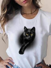 Camiseta estampada de moda 3D con diseño de gato, encantadora y a la moda, ropa linda para mujer, camisetas de manga corta de verano, camisetas gráficas para damas -llilys-llilys LSNR - Blanco - Ver 6