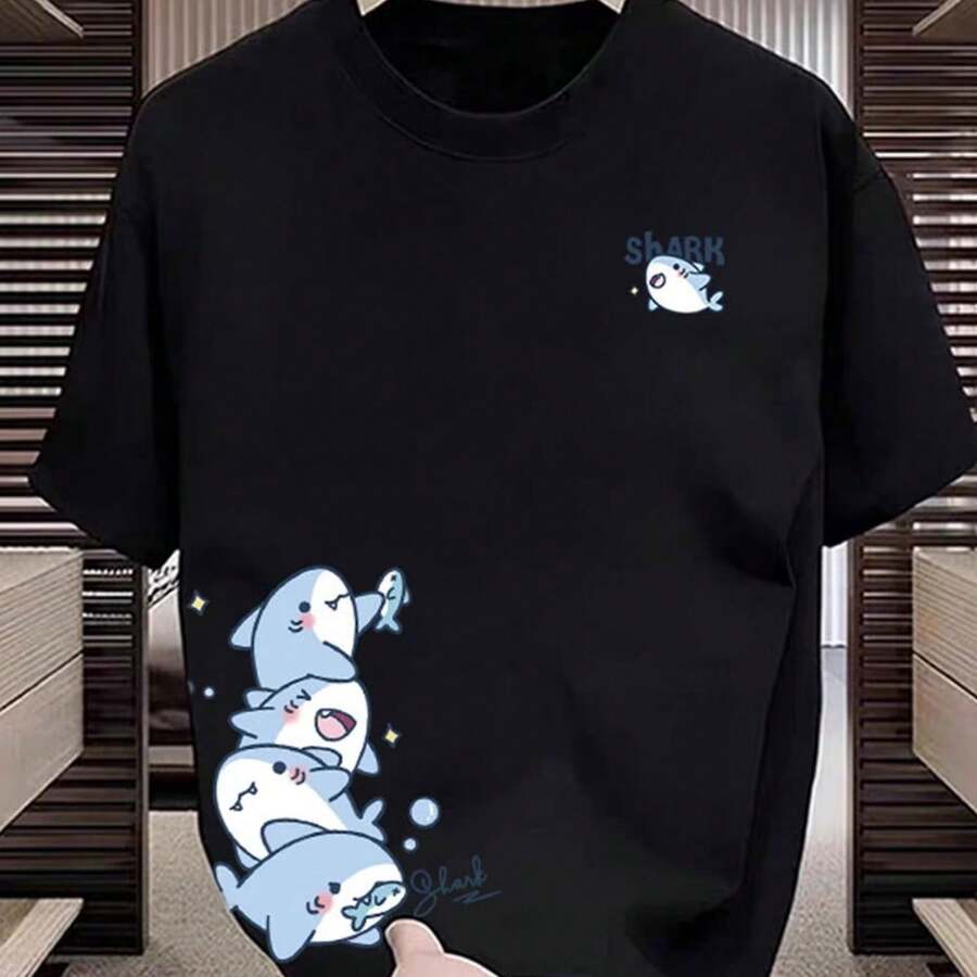 Modern Short-Sleeved T-Shirt With Creative Shark Design. Comfortable And Breathable, Sheer, Perfect For Everyday Wear. - 黑色 - 查看 1