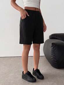 Teen Girls Casual Knit Sports Shorts, Knee-Length Outdoor Shorts, Versatile Daily & School Wear, Spring/Summer, Back To School - Black - View 3