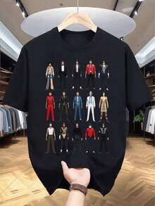 T-shirt da uomo con stampa grafica, stile streetwear pop music, vestibilità regolare, 50% misto cotone, elasticizzata, manica corta, top estivo per tutti i giorni. - nero - Visualizzare 1