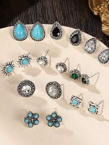 9 Pasang Anting Tusuk Wanita Bermotif Geometris Bunga Turquoise Bohemian Vintage yang Dipersonalisasi - 9 pasang bunga pirus berbentuk tetesan air mata - View 3