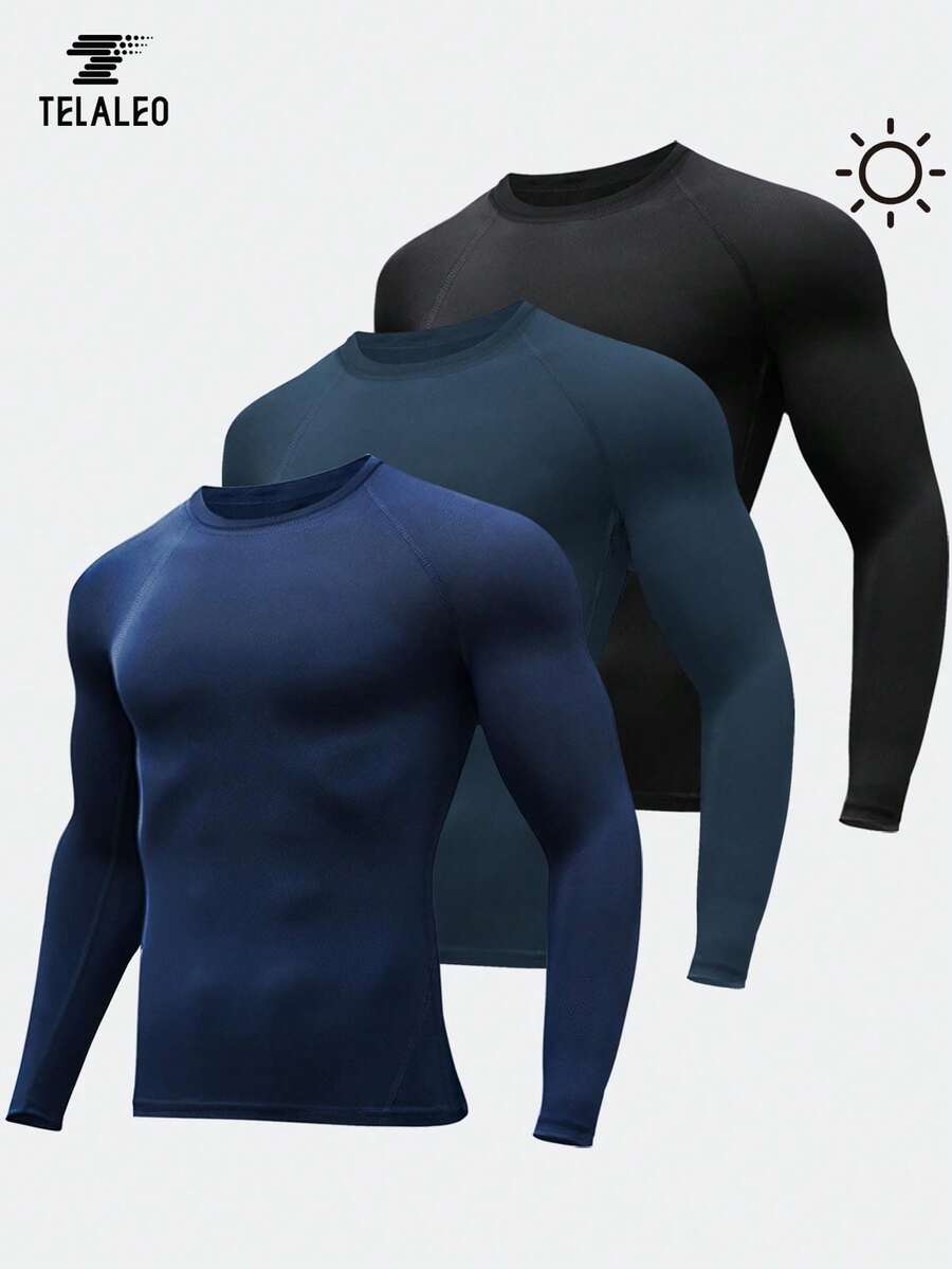 TELALEO 3 paquetes de camisetas de compresión para hombres con protección UPF 50+, manga larga de secado rápido, atuendos de playa & capa base para el gimnasio, regalo del Día del Padre 4 de julio deportes - Multicolor - Ver 1