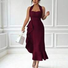 jianchaimaoyi02  Vestido elegante y romántico para mujer de corte ajustado con adorno de volantes y cintura cruzada sin mangas - Burdeos - Ver 1
