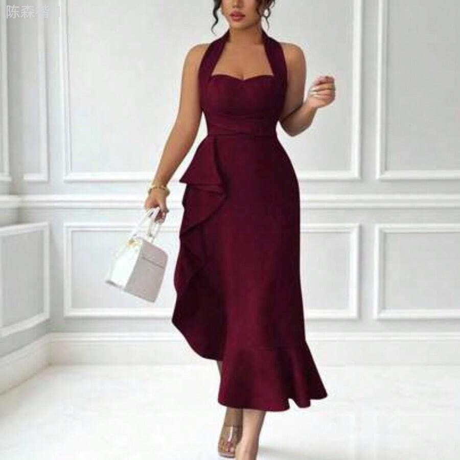 jianchaimaoyi02 Vestido elegante y romántico para mujer de corte ajustado con adorno de volantes y cintura cruzada sin mangas - Burdeos - Ver 1