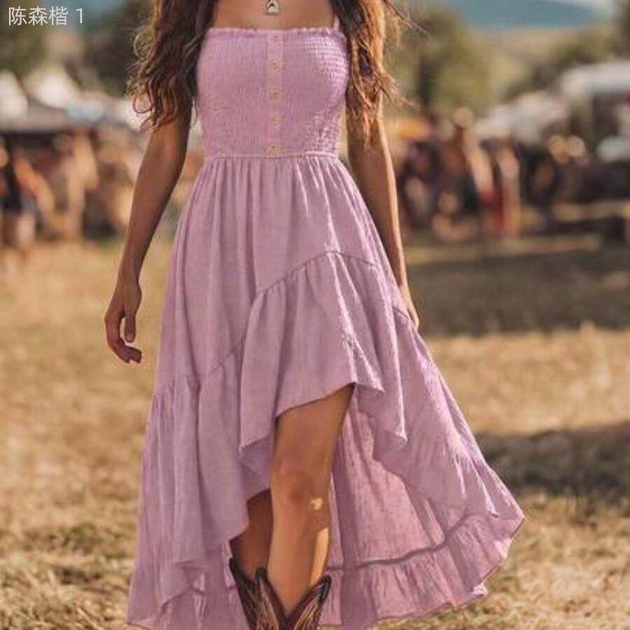 jianchaimaoyi02 Holidaya Vestido de mujer de longitud media con cintura ceñida, estilo bohemio casual para vacaciones, con parte delantera corta y parte trasera larga - Rosa - Ver 1