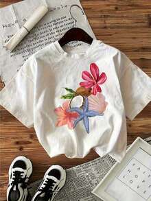 1-Piece Girls' Soft T-Shirt With Vibrant Hibiscus Flower And Starfish Print - Cute Hawaiian-Inspired Summer Clothing, Casual Crew Neck Top For Girls Ages 3-13, Easter And Daily P - 白色 - 查看 1