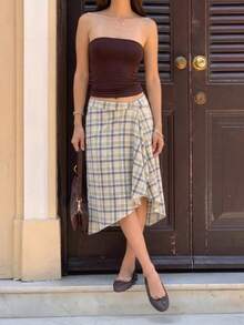 Elegant Plaid Midi A-Line Skirt With Asymmetrical Hem, Women's Casual Outing Wear - Mint Green - View 4
