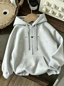 Women's Minimalist Heart Cross Printed Loose Shoulder Hoodie, Casual Inspired Pattern Women's Drawstring Kangaroo Pocket Long Sleeve Sweatshirt, Women's Autumn/Winter Hoodie Top - Women's Autumn/Winter Street Style Hoodie T-Shirt - Excellent Choice For Festival Parties - Cotton Blended Fabric, Thick Velvet Lining, Soft And Comfortable, Autumn/Winter Daily Top, Autumn/Winter Hoodie. Machine Washed Casual Style, With Multiple Colors To Choose From - 淺灰色 - 查看 2