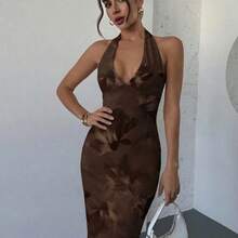 dahkjdgajy  Nuevo vestido elegante y romántico con cuello en V, estampado floral efecto tie-dye, ajustado, color marrón, vestido de verano, atuendo para playa y vacaciones - Marrón - Ver 9