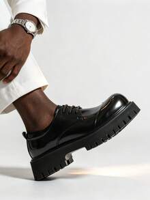Herren Derby Schuhe mit dicker Sohle im Paar-Stil, runde Zehenpartie, Schnür-Loafer, Doppelgelenk, britischer Stil, Vintage-Leder-Schuhe, höhenverstärkende Lässig Schuhe, Arbeitskleidungs-Stil Stiefel - Schwarz - Übersicht 3