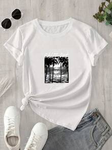 Top de mujer de cuello redondo y manga corta con estampado de palmeras en la playa, apto para todas las estaciones. - Blanco - Ver 1