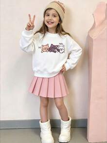 Top de manga larga con cuello redondo estampado de dibujos animados y falda plisada de unicolor para niñas preadolescentes - Blanco - Ver 1