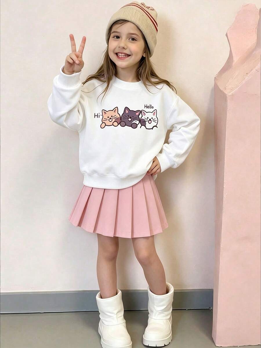 Top de manga larga con cuello redondo estampado de dibujos animados y falda plisada de unicolor para niñas preadolescentes - Blanco - Ver 1
