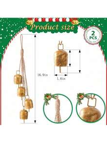 2 Pcs Gold Vintage Bells With Hanging Rope, Decorative Metal Cow Bells For Weddings, Parties, And Christmas DIY Wreaths, Home Decor - Bell - View 2