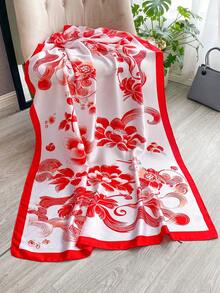 1件女款仿絲花卉印花春/秋季時尚百搭披肩旅行圍巾日常裝飾 - 紅白色 - 查看 3